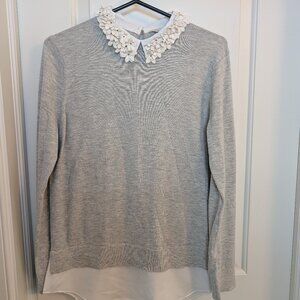 Ted Baker Nansea Gray Embellished Flower Collar Layered Sweater, Like New